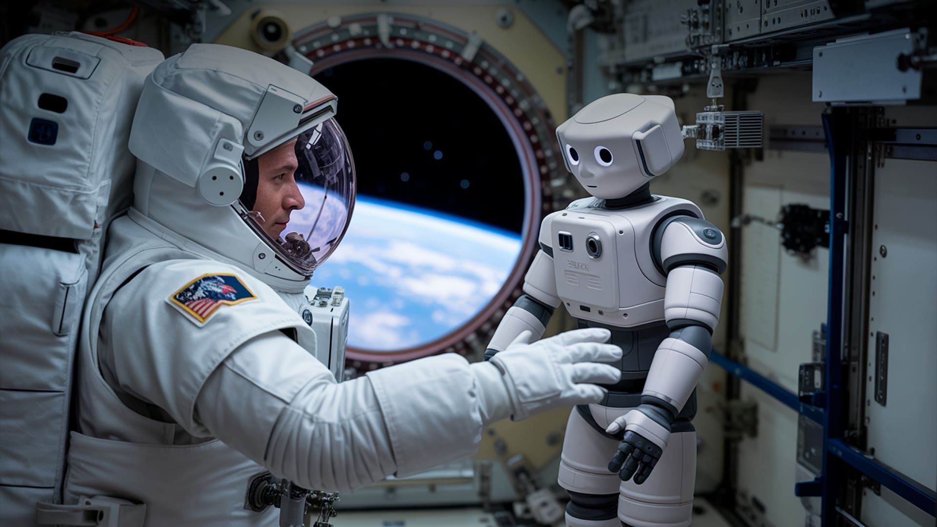 Astronaut interacting with an AI-powered robotic assistant on the ISS