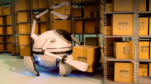 Autonomous robots transporting goods in a logistics center