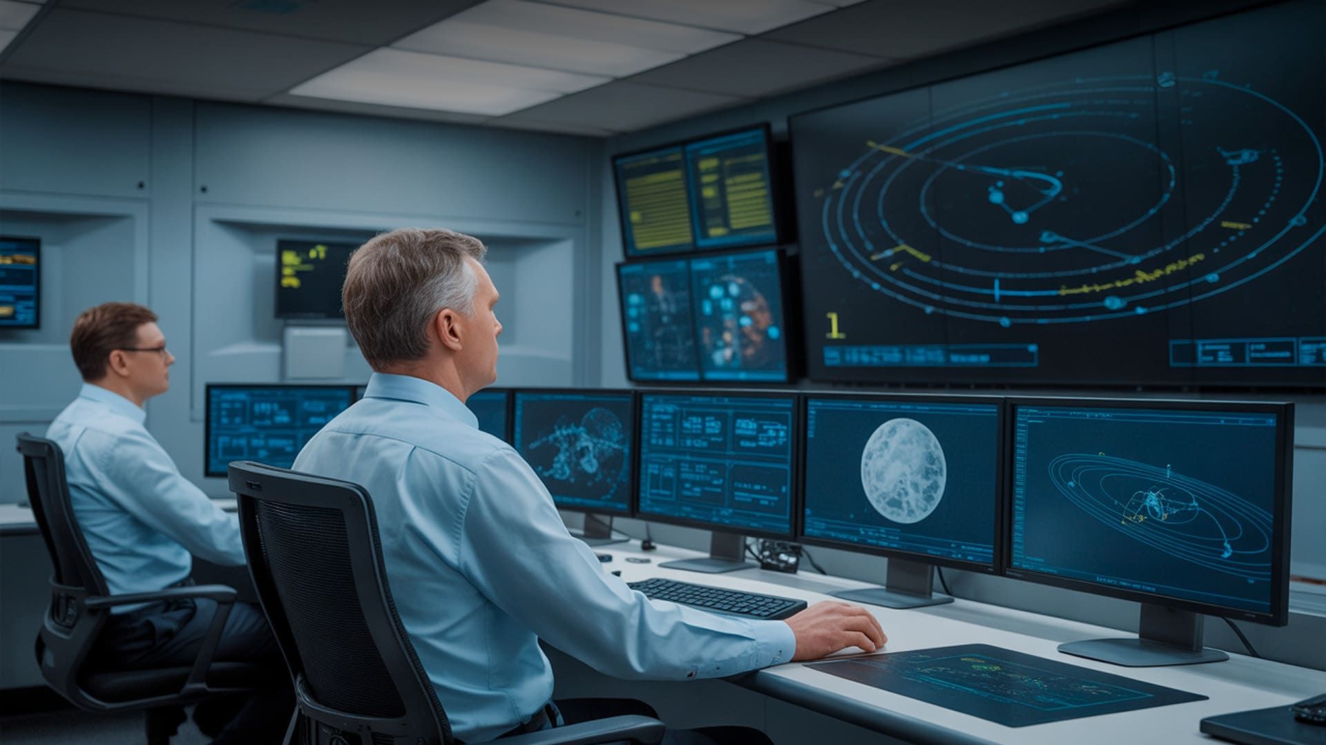 Centro de control de misión con inteligencia artificial que muestra modelos predictivos y datos orbitales en pantallas digitales.