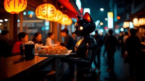 Illustration of a cat-like robot delivering food in a family restaurant.